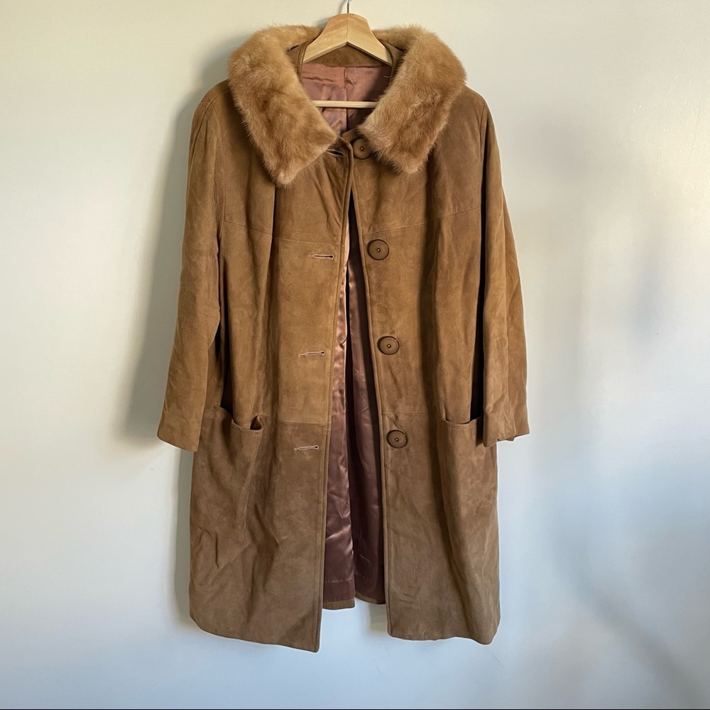 VINTAGE 1960 Suede Coat Mink Collar - Satin Lined size 7